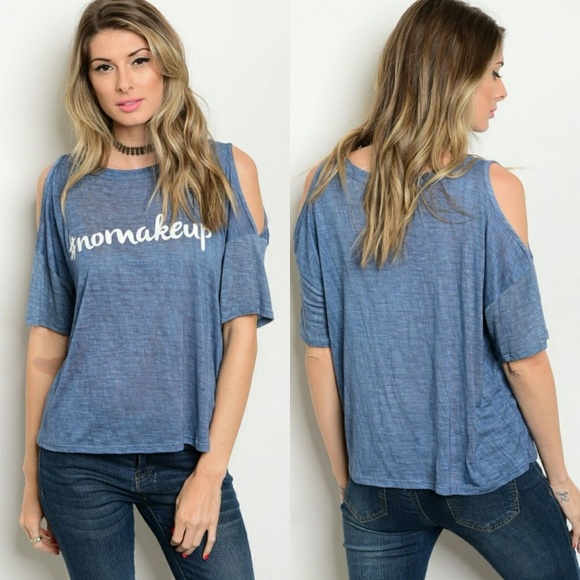 Tops - No make up blue cold shoulder top